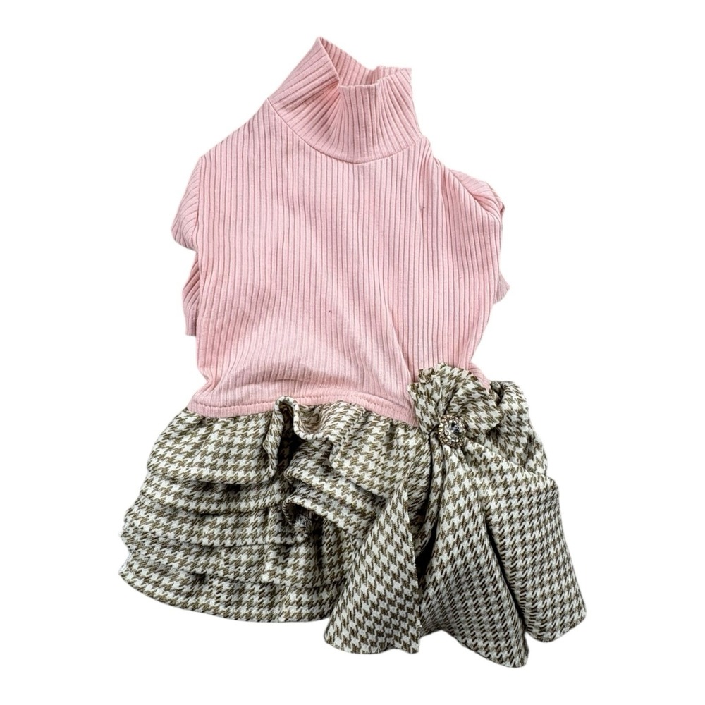 Wooflink Dog Dress Size 5 Pink Ribbed Top & Houndstooth Skirt
